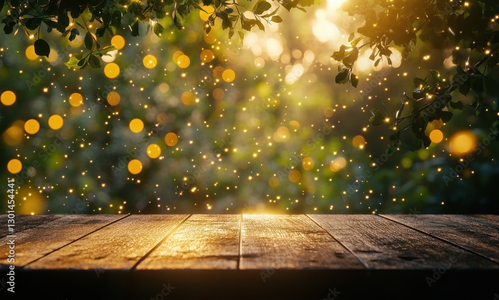 Magical bokeh effect with warm sun rays shining through lush greenery over a rustic wooden table creating a serene and enchanting outdoor atmosphere