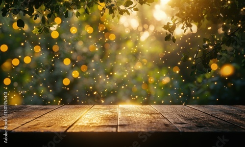 Obraz na płótnie Magical bokeh effect with warm sun rays shining through lush greenery over a rustic wooden table creating a serene and enchanting outdoor atmosphere w salonie