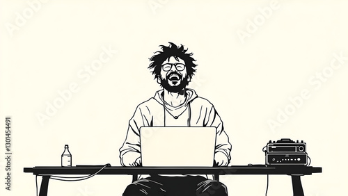 Casual entrepreneur sitting on a desk with a laptop, mid-laugh.