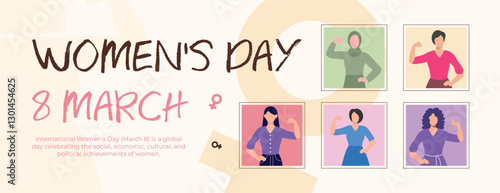 March 8 Women’s Day Banner & Post: 5 unique women in a vibrant, harmonious design. Perfect for social media & versatile projects. #March8 #WomensDay