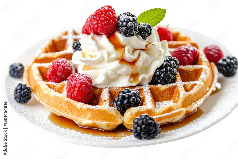 Belgian waffles with whipped cream, berries, and maple syrup, isolated on transparent background, PNG file Belgian waffles with whipped cream, berries, and maple syrup, isolated on transparent background, PNG file