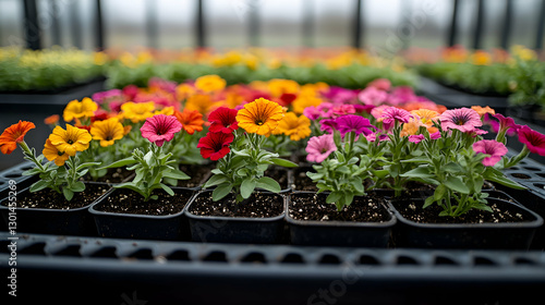Colorful petunias in trays, greenhouse setting