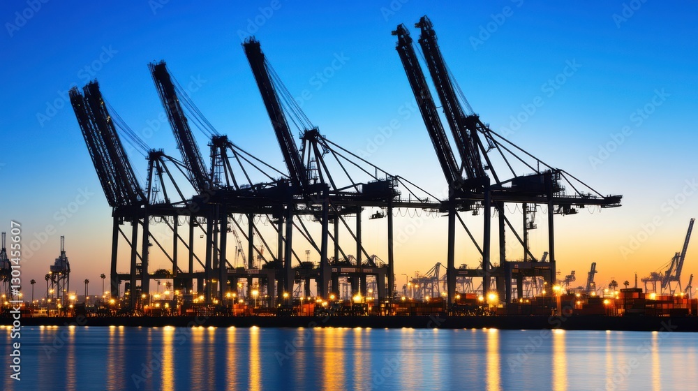 Silhouetted Cranes Against City Skyline at Night Silhouetted Cranes Against City Skyline at Night