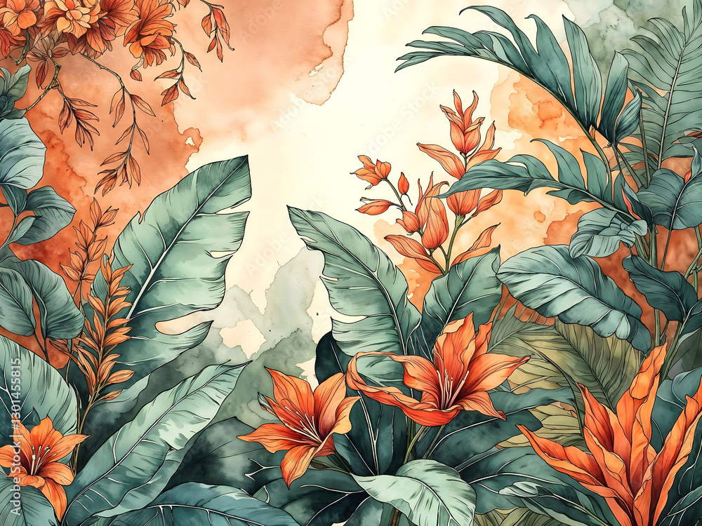 Flowers wall art, floral background, water colour painting, botanical wallpaper, artistic backdrop, template