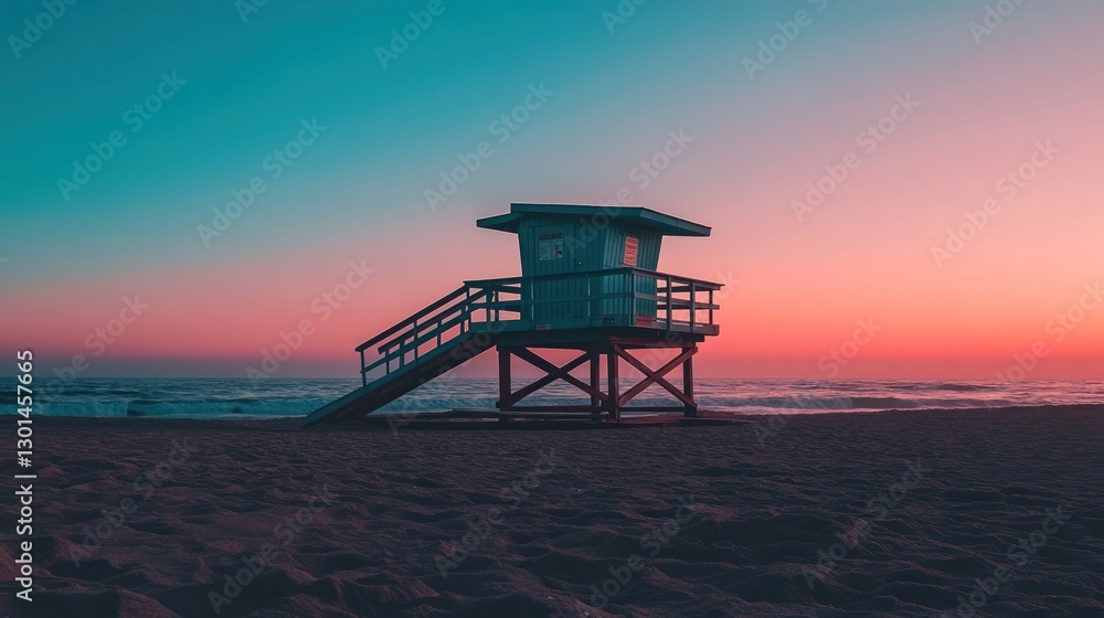 Sunset Serenity: Lifeguard Tower Silhouette on Venice Beach at Dusk Sunset Serenity: Lifeguard Tower Silhouette on Venice Beach at Dusk
