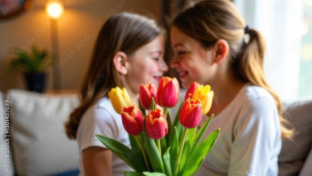 A daughter gives a gift to her mother, a smiling little girl hugs her mother, a bouquet of pink and yellow tulips, mother's Day A daughter gives a gift to her mother, a smiling little girl hugs her mother, a bouquet of pink and yellow tulips, mother's Day