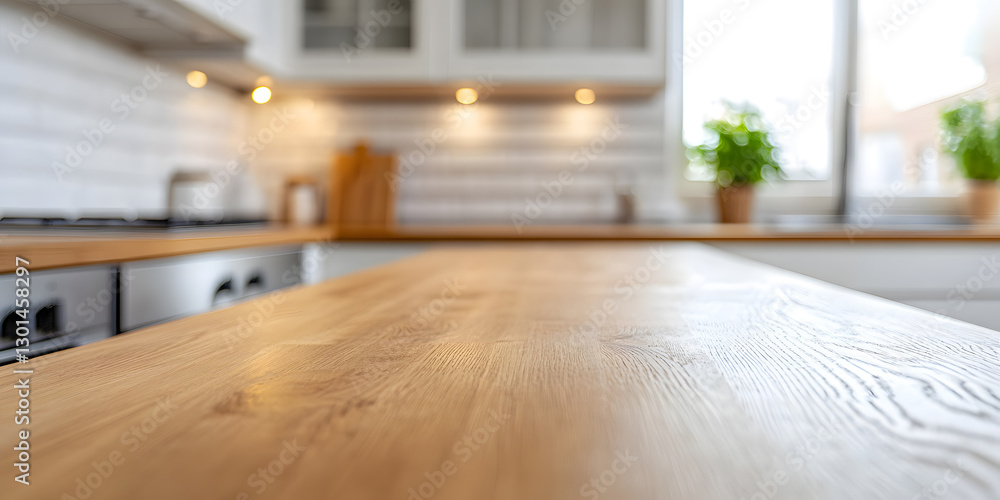 Fototapeta premium Modern kitchen featuring a warm wooden countertop, bright lighting, and blurred background, emphasizing depth and clean design.
