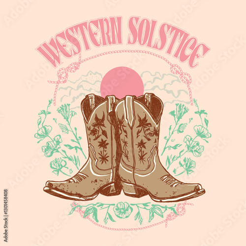 Pink cowgirl boots with ornament. Western Boots, Boots Silhouette, Hand drawn vector illustration. cowgirl boot, Rodeo, Ranch,  Cowgirl Slogan print t shirt.
