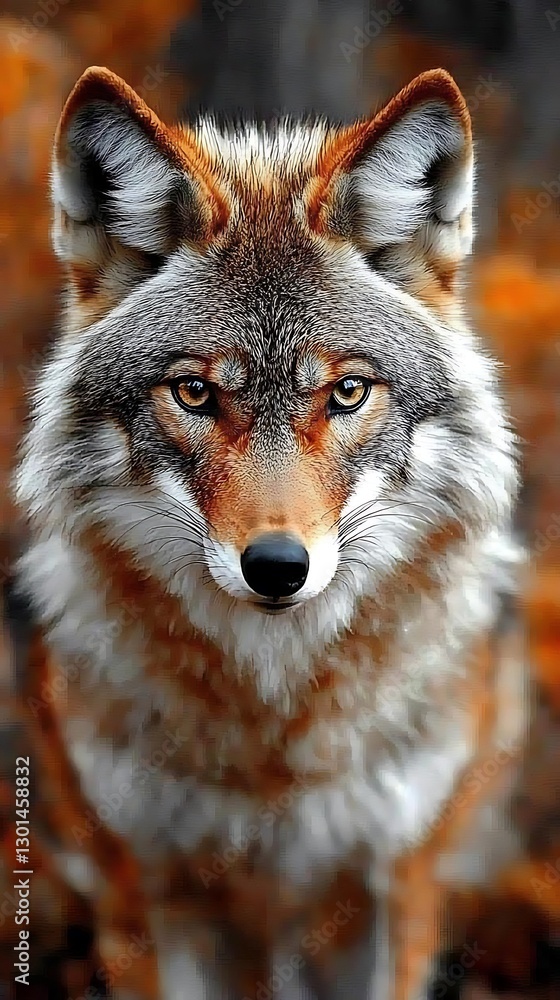 Fototapeta premium Coyote stares in forest. Autumn background