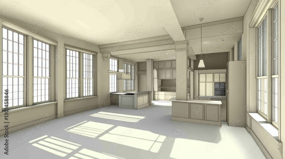 Fototapeta premium Bright and Spacious Modern Kitchen with Large Windows and Abundant Natural Light