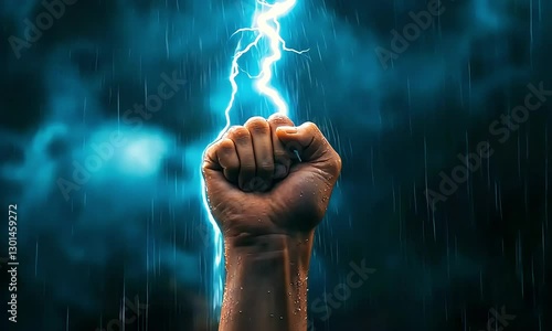 Clenched fist grasping lightning during storm