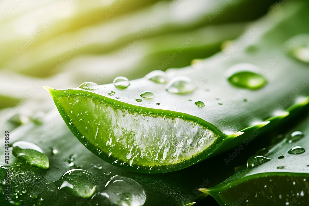 Fototapeta premium Close-up of fresh aloe vera leaf with dew drops highlighting juicy interior