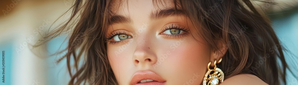 Fototapeta premium Explore the epitome of understated style with this portrait showcasing a fashion-forward woman exuding subtle elegance The delicate gold rings she wears add a touch of refined luxury to her