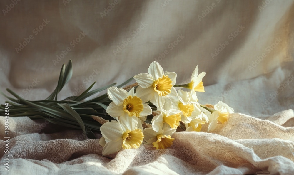 Obraz premium A bouquet of yellow and white flowers sits on a white cloth