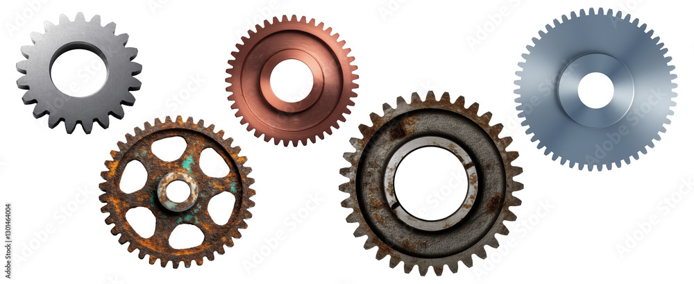 Set of gears, rusty, brass, metallic, chrome plated gears on transparent background. Layouts for industrial art design. Set of gears, rusty, brass, metallic, chrome plated gears on transparent background. Layouts for industrial art design.