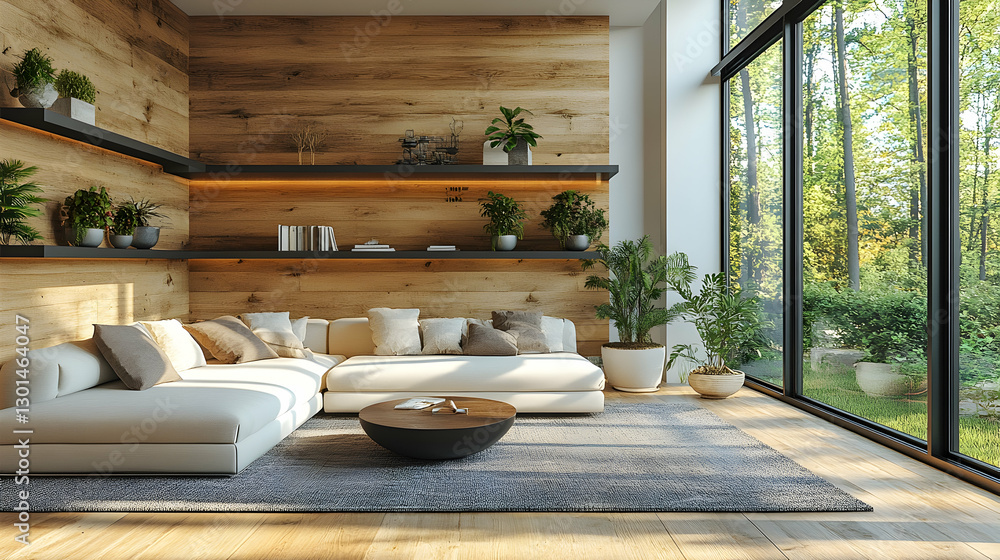 Fototapeta premium Modern living room with wooden wall and garden view