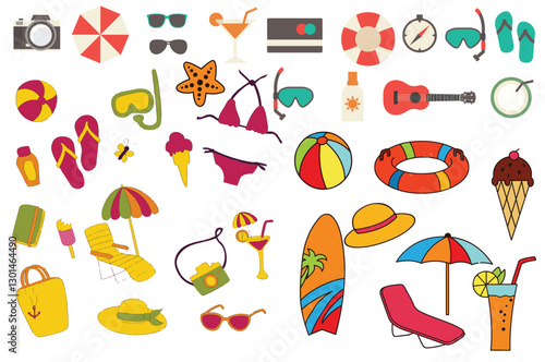 collection of summer themed vector illustrations, including beach items, ice cream, sunglasses, flip-flops, and tropical elements. Perfect for vacation, travel, and holiday designs