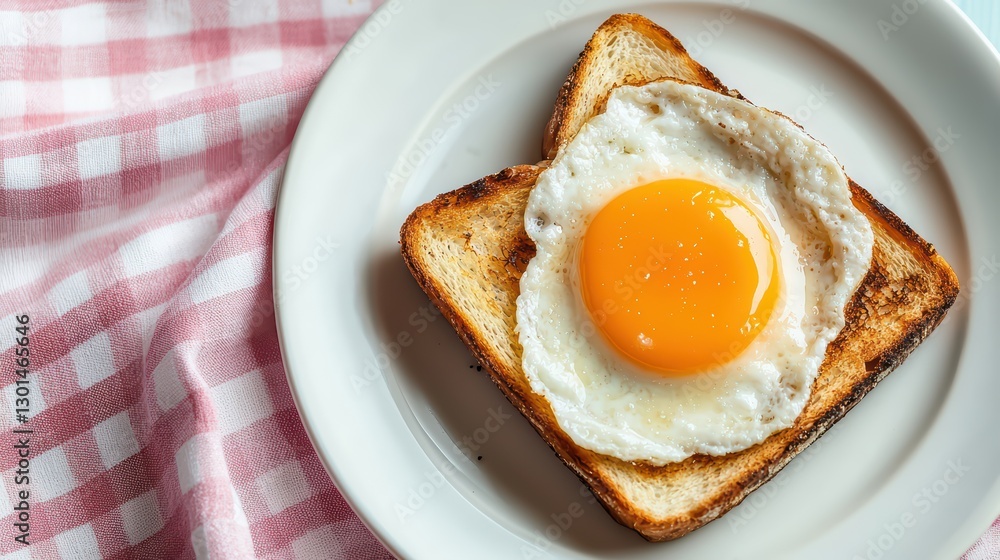 Breakfast Chaos: Burnt Toast with Fried Egg on a White Plate with Pink Checkered Cloth