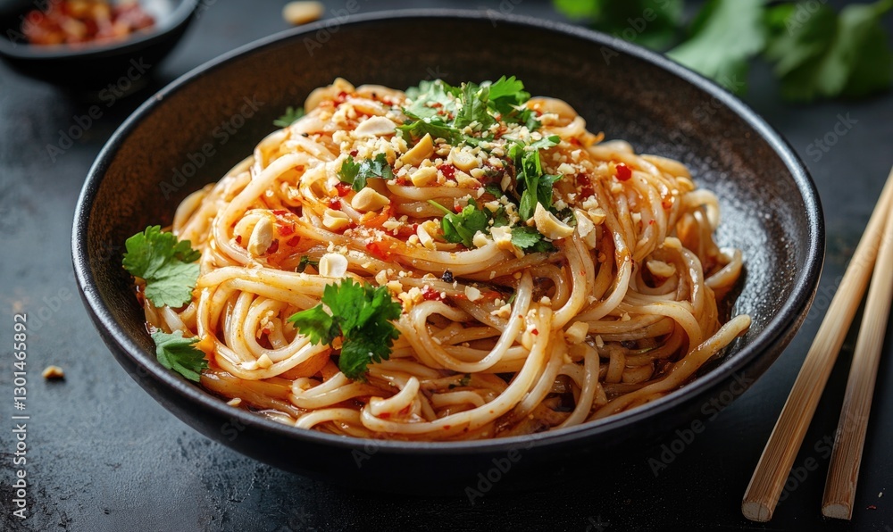 A bowl of noodles with peanuts and cilantro A bowl of noodles with peanuts and cilantro