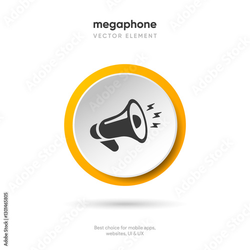 Speaker and sound icon. Computer voice icon. Megaphone and music icon. Sound pictogram. Musical note. Audio sign. UI UX element. Sound button. Audio system, noise with soft UI, push button.
