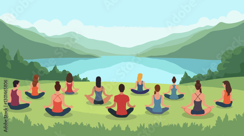 Outdoor Group Meditation, Serene Lakeside Yoga Retreat in a Mountain Landscape