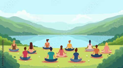 Outdoor Group Meditation, Serene Lakeside Yoga Retreat in a Mountain Landscape