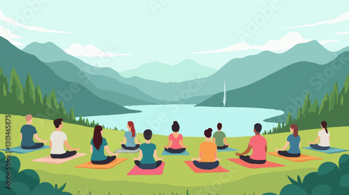 Outdoor Group Meditation, Serene Lakeside Yoga Retreat in a Mountain Landscape
