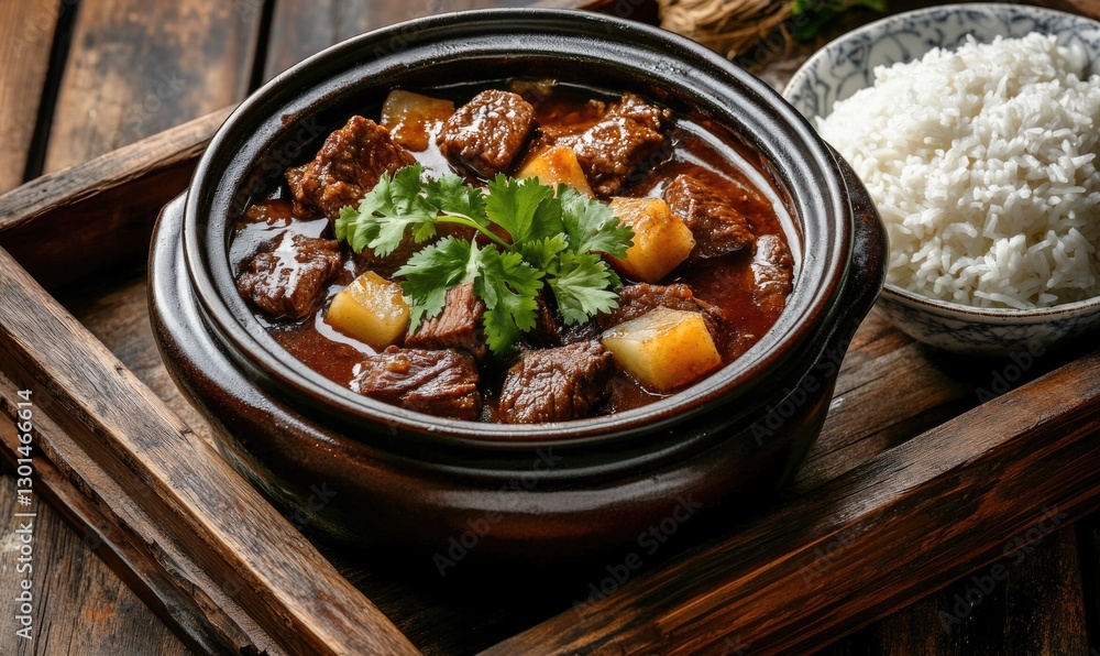 A bowl of beef stew with rice and parsley on a wooden tray A bowl of beef stew with rice and parsley on a wooden tray