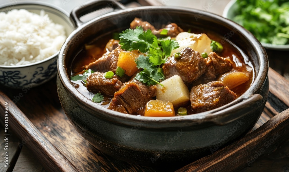 A bowl of beef stew with carrots and potatoes sits on a wooden table A bowl of beef stew with carrots and potatoes sits on a wooden table