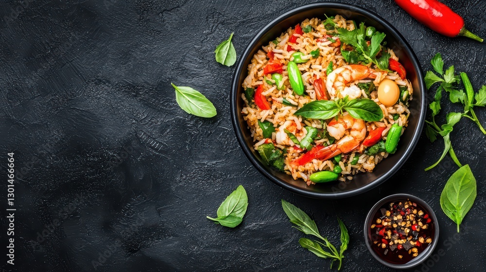 Delicious Chinese Fried Rice with Shrimp and Egg in a Stylish Black Bowl Delicious Chinese Fried Rice with Shrimp and Egg in a Stylish Black Bowl