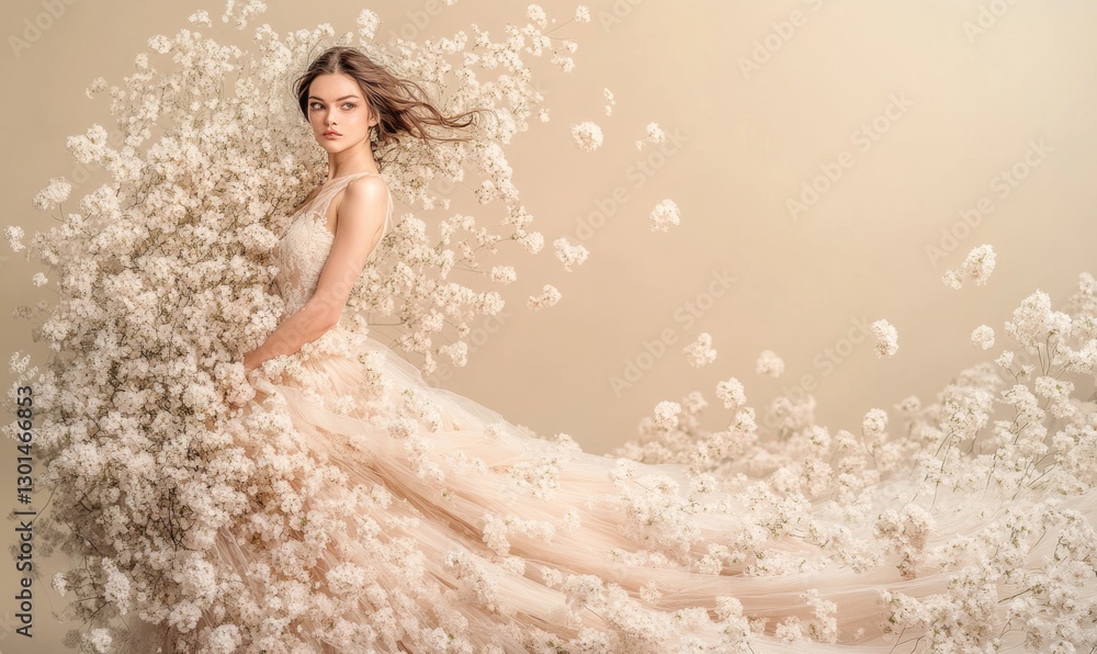 Fototapeta premium A woman is wearing a white dress and is surrounded by flowers