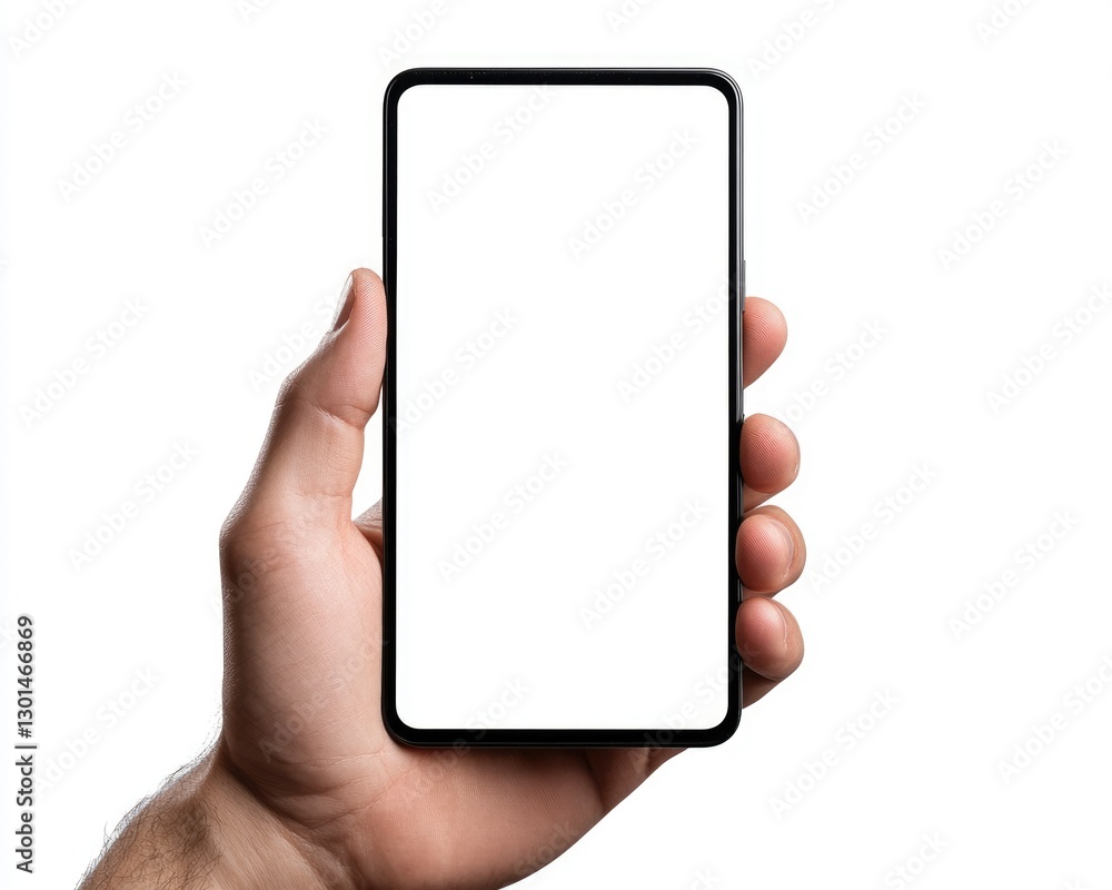 A Male Hand Gripping an Empty Smartphone with a Dark Frame, Isolated on a Clean Background A Male Hand Gripping an Empty Smartphone with a Dark Frame, Isolated on a Clean Background