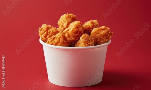 A bowl of fried chicken is sitting on a red background