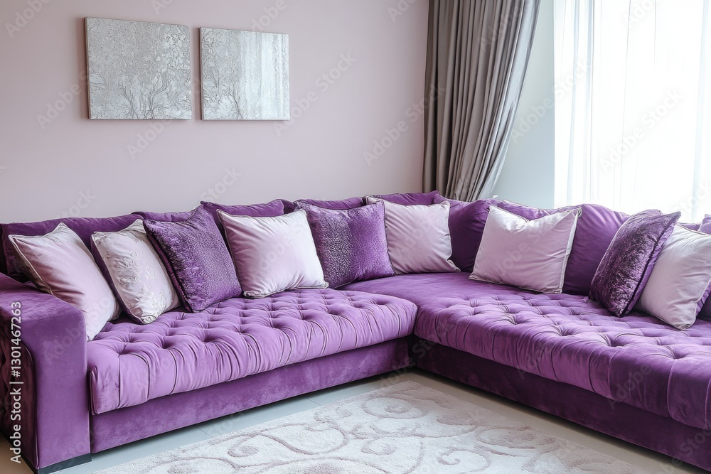 Fototapeta premium Contemporary Living Room with Purple Accents: Stylish Sofa Against Soft Pink Backdrop and Chic Home Decor