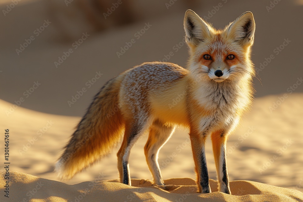Fototapeta premium Desert Fox's Portrait: A magnificent fox stands proudly in the vast, sun-drenched desert, its striking features and alert gaze captured in a moment of untamed elegance. 