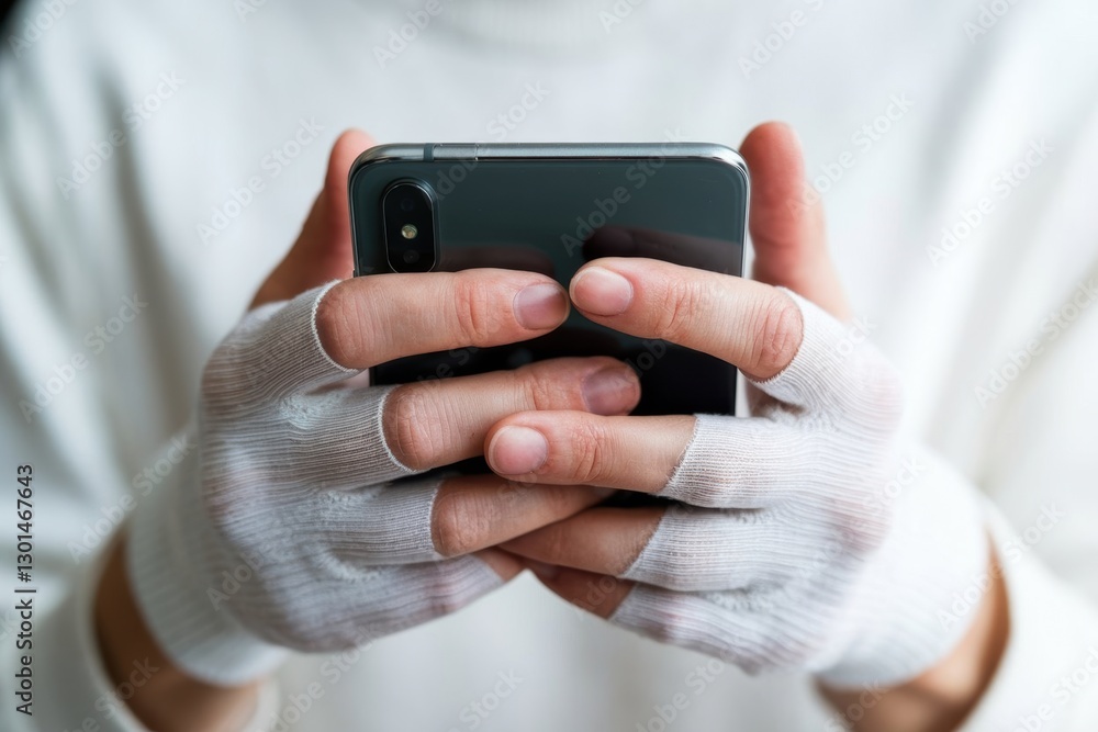 Fototapeta premium A person's hands, wrapped in white tape, hold a smartphone, focusing on the device's screen.