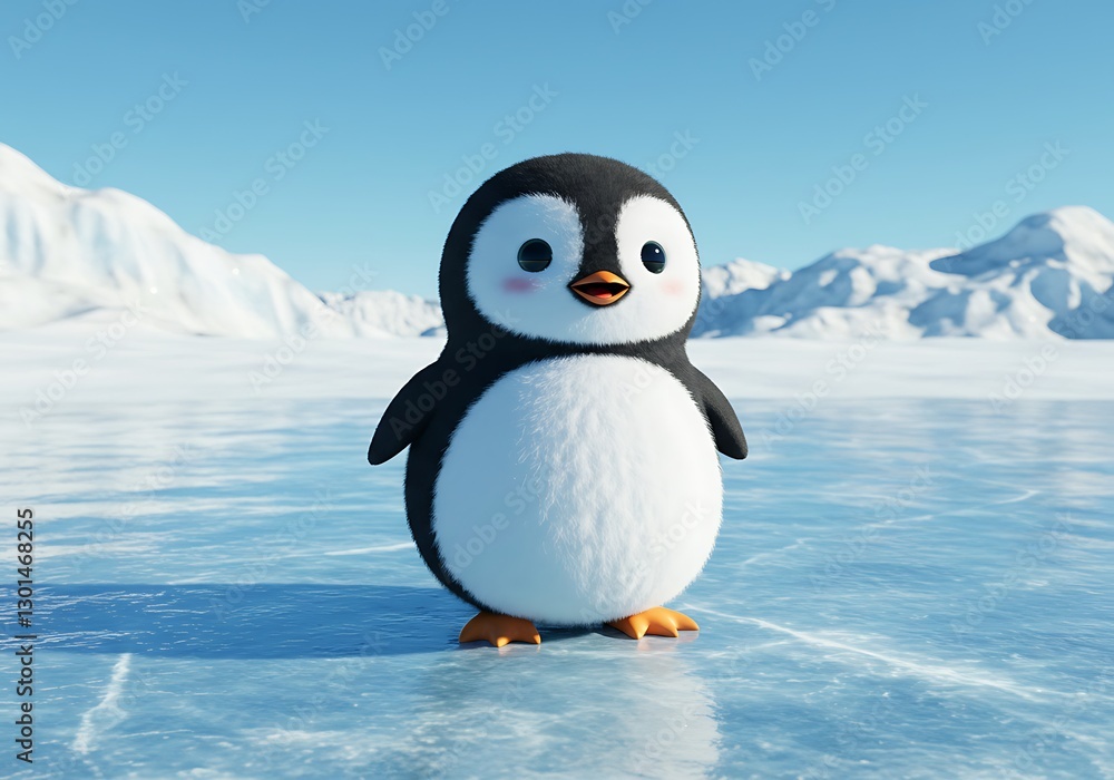 Fototapeta premium Adorable Fluffy Penguin on Icy Landscape: A Whimsical Winter Scene