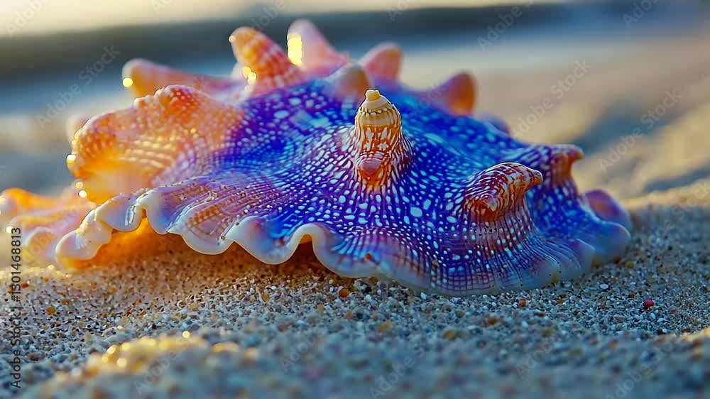Vibrant seashell resting on sandy beach with gentle waves in the background at sunset Vibrant seashell resting on sandy beach with gentle waves in the background at sunset