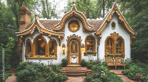 Ornate gingerbread house in a lush forest