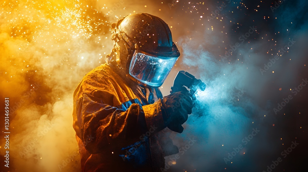 Welder in protective gear working amid sparks and smoke. Industrial worker in orange and blue light. Dramatic scene of metalworking. Skilled labor concept for safety poster Welder in protective gear working amid sparks and smoke. Industrial worker in orange and blue light. Dramatic scene of metalworking. Skilled labor concept for safety poster