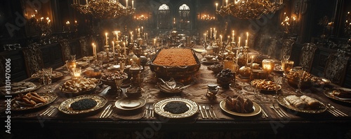 a hyper-realistic depiction of a lavish 19th-century russian imperial dining table, adorned with fabergé-inspired gold filigree plates, gilded crystal vodka glasses, and solid silver serving utensils. photo