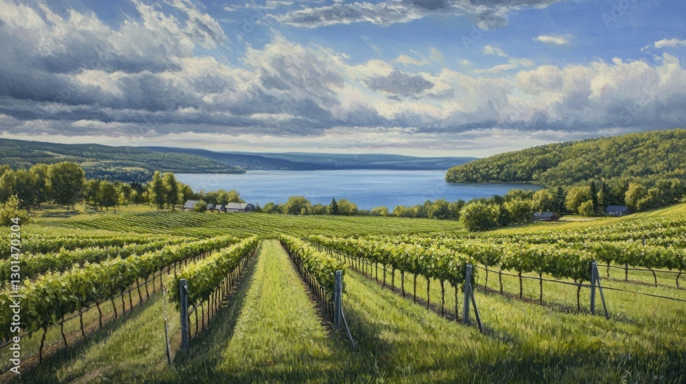 Fototapeta premium Scenic Vineyard Oasis Overlooking Seneca Lake: A Picturesque Fusion of Agriculture and Nature Amidst the Finger Lakes Wine Country