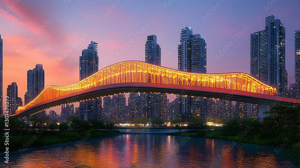 Fototapeta premium Illuminated Pedestrian Bridge Over River at Sunset