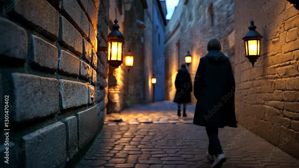 Woman walking down a cobblestone alley at dusk Woman walking down a cobblestone alley at dusk