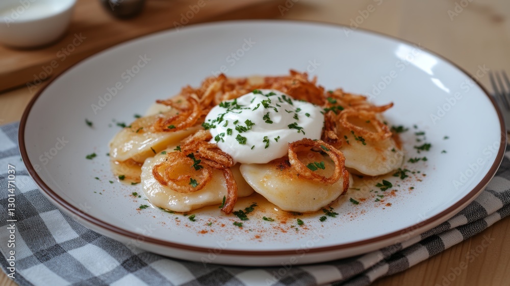 Delicious Polish pierogi stuffed with potatoes, topped with fried onions and sour cream, served on wooden tableware with a vintage touch Delicious Polish pierogi stuffed with potatoes, topped with fried onions and sour cream, served on wooden tableware with a vintage touch