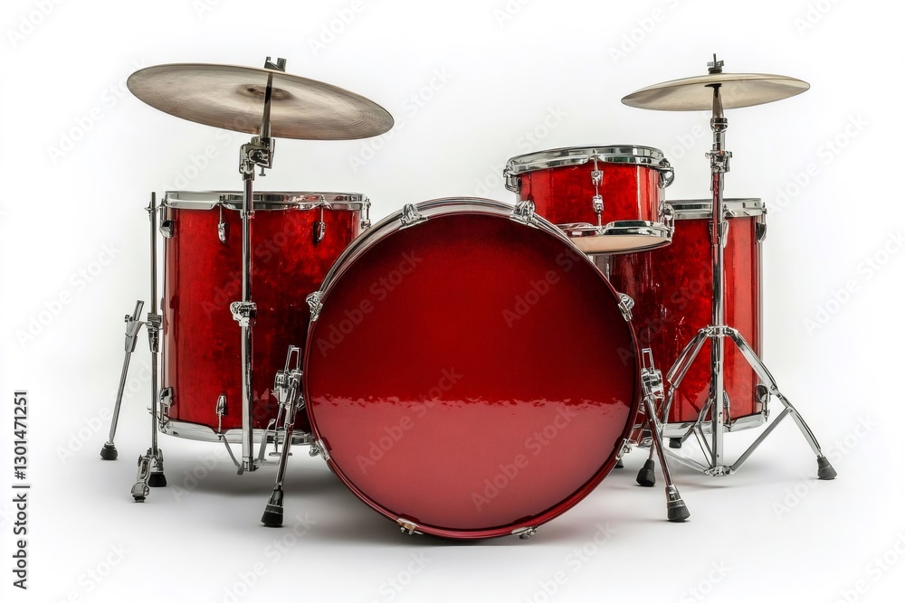 Shiny red drum set isolated on white background ready for playing