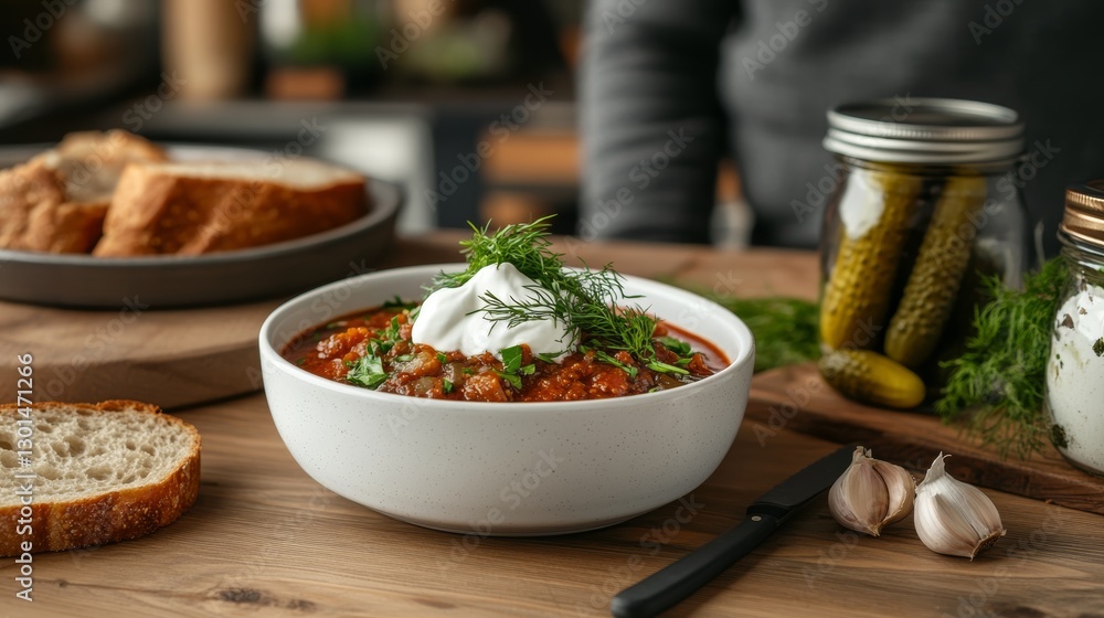 Traditional Russian borscht served in a white ceramic bowl with sour cream and dill, accompanied by rye bread, garlic, and pickles on a rustic table Traditional Russian borscht served in a white ceramic bowl with sour cream and dill, accompanied by rye bread, garlic, and pickles on a rustic table