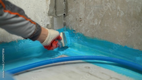 Bild auf Leinwand Construction worker applying waterproofing material with brush in corner of bath