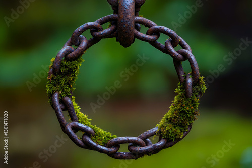 A rusty chain with a ring of moss growing on it photo