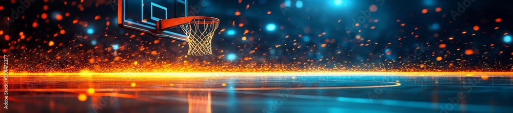 Basketball hoop and court glowing with fiery orange effects and dramatic motion blur. Generative AI Basketball hoop and court glowing with fiery orange effects and dramatic motion blur. Generative AI
